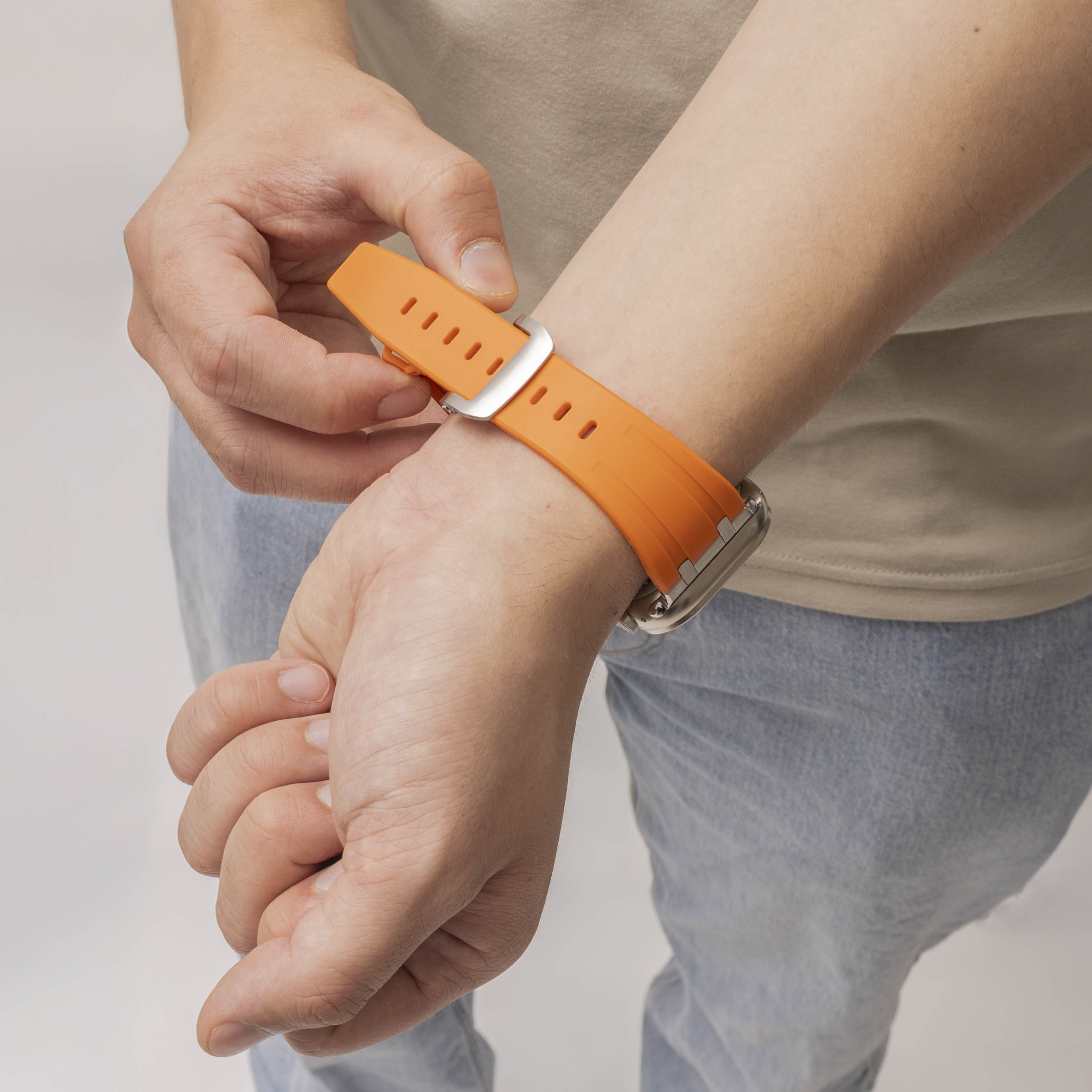 Bandz Apple Watch Silicone Strap 'Luxe Liquid' (Orange With Silver)