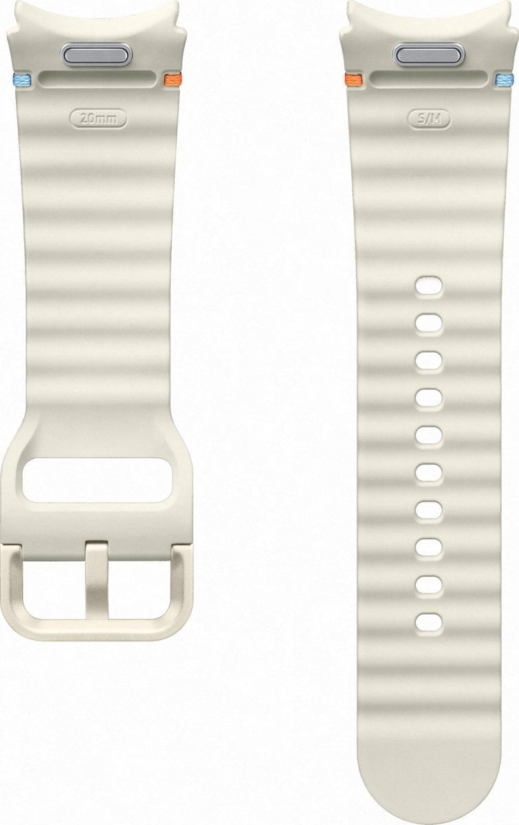 Silicone Sport Strap, cream, laid flat, separate parts, direct top view