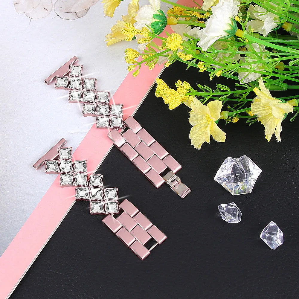 Steel Diamond Strap, pink, laid flat, separate parts, direct top view