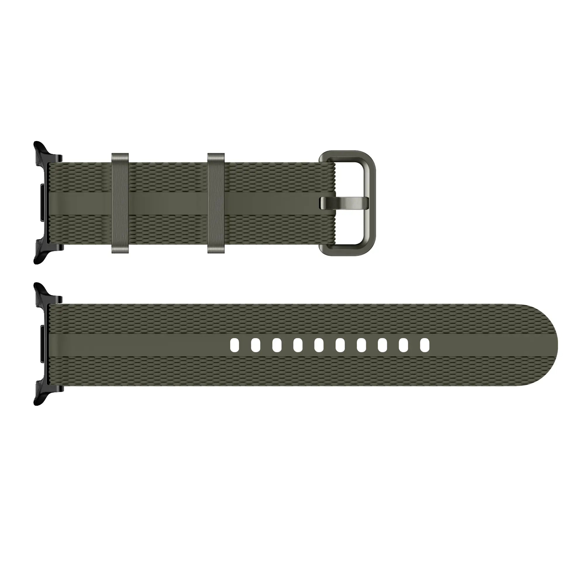 Silicone Active Strap, army green, laid flat, separate parts, direct top view