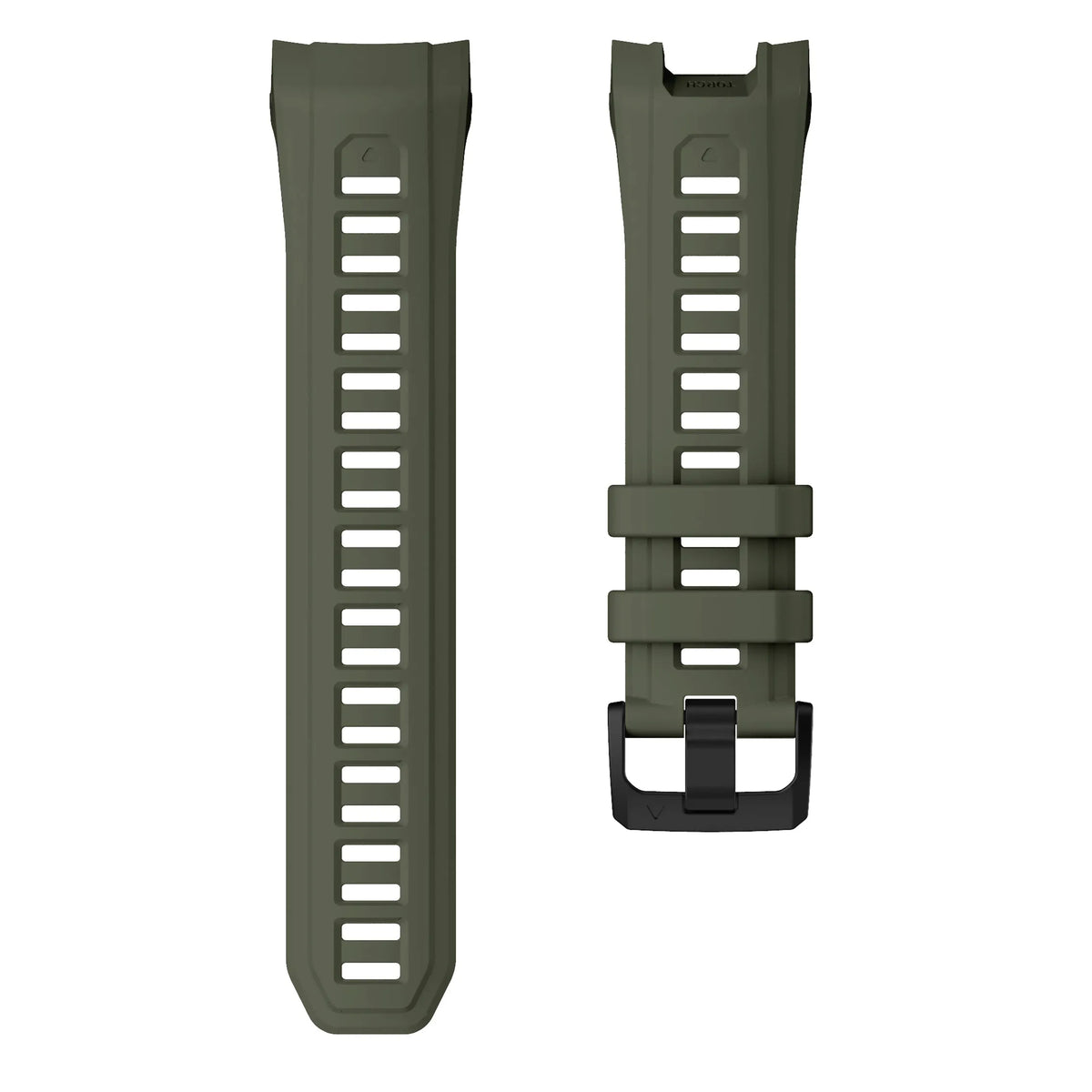 Silicone Strap, army green, laid flat, separate parts, direct top view