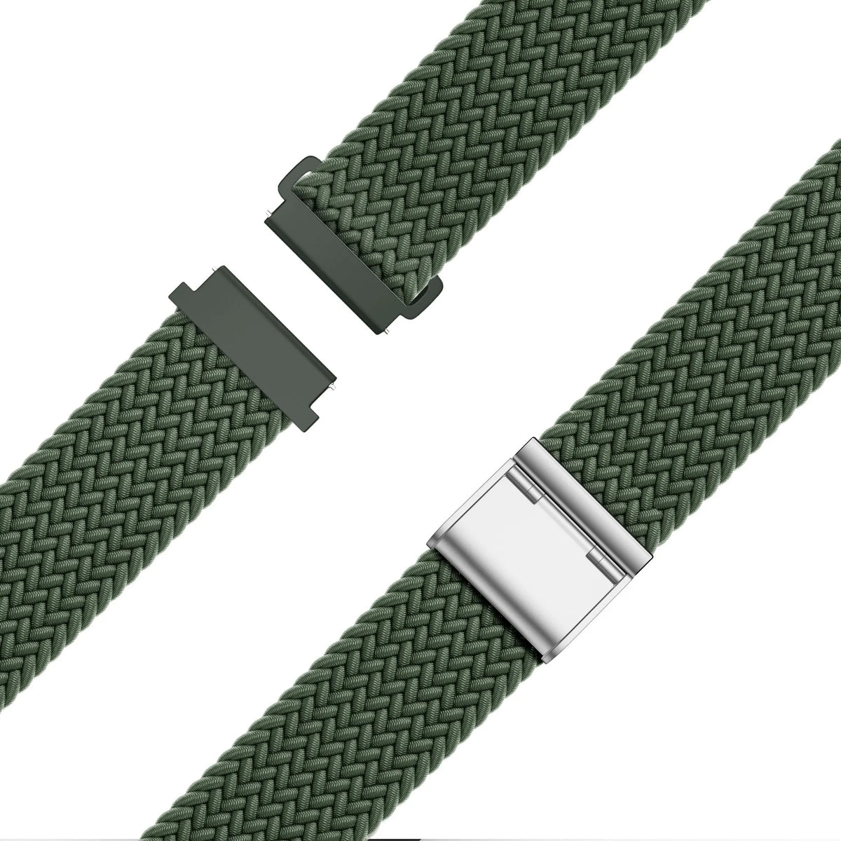 Woven Nylon Strap, olive green, laid flat, separate parts, direct top view