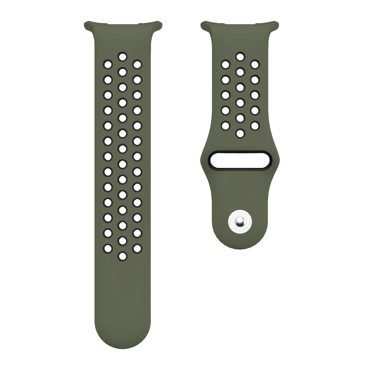 Silicone Sport Strap, army green/black, laid flat, separate parts, direct top view