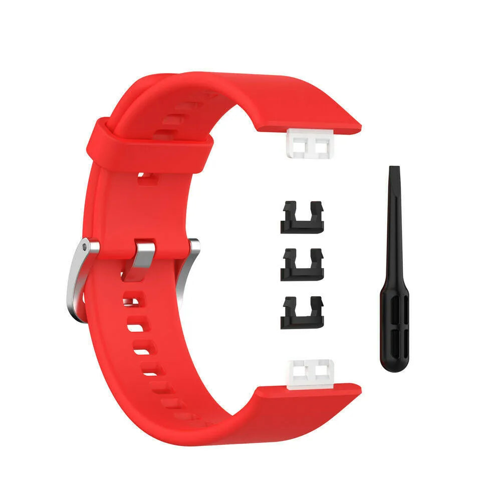 Silicone Strap, red, laid flat, separate parts, direct top view