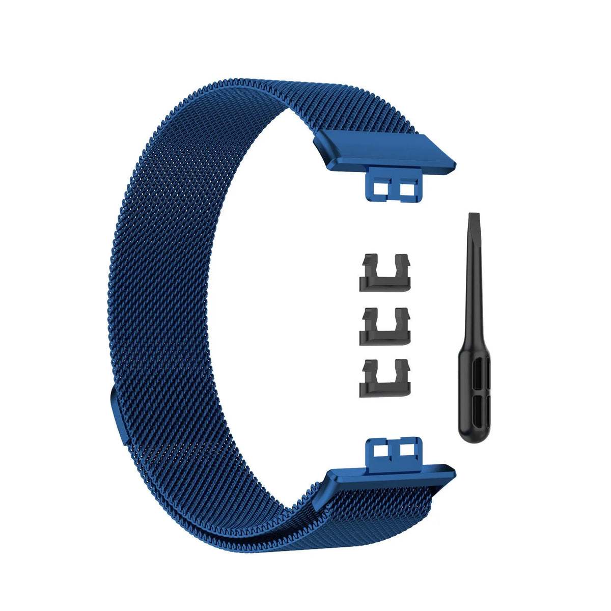 Milanese Strap, blue, laid flat, separate parts, direct top view