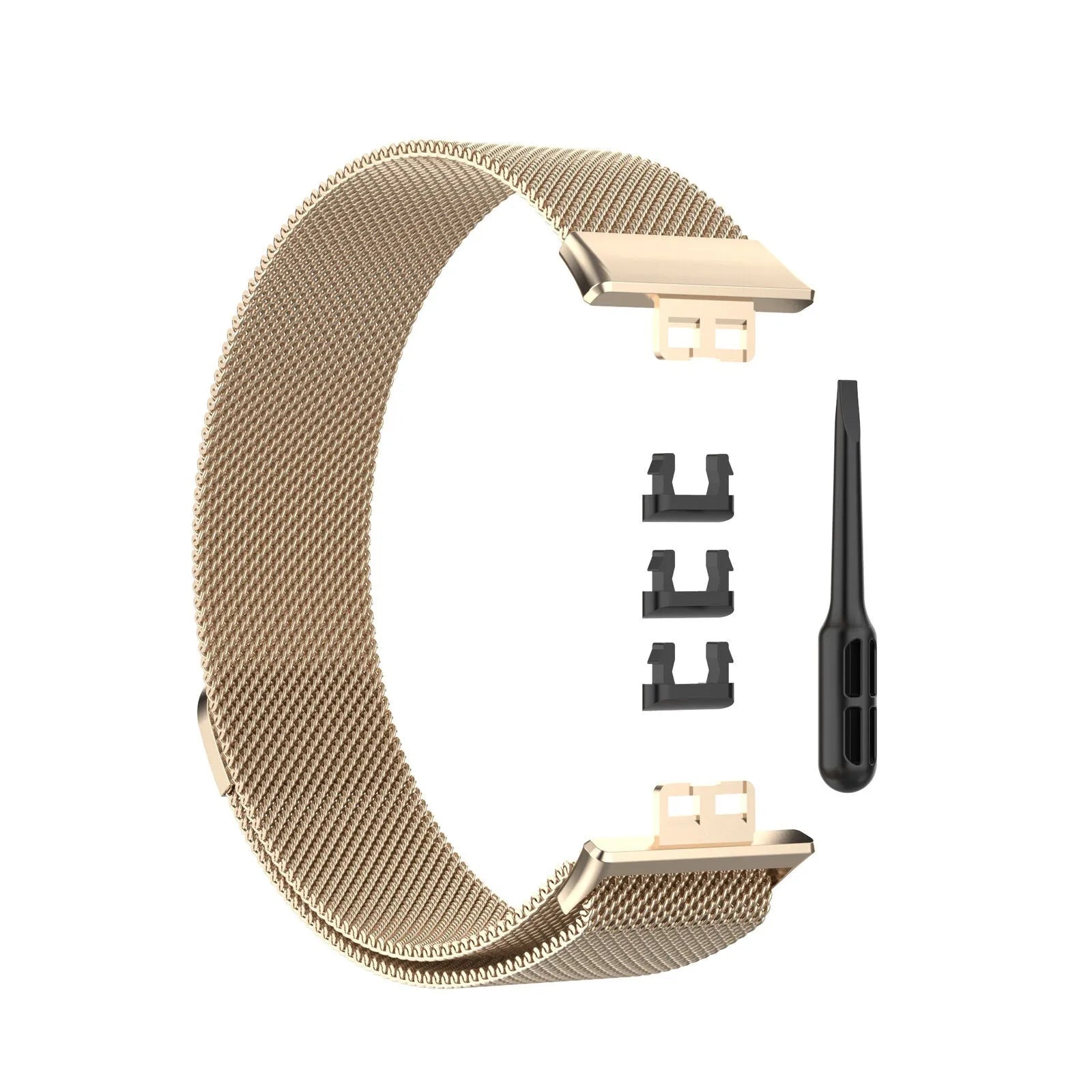 Milanese Strap, champagne, laid flat, separate parts, direct top view