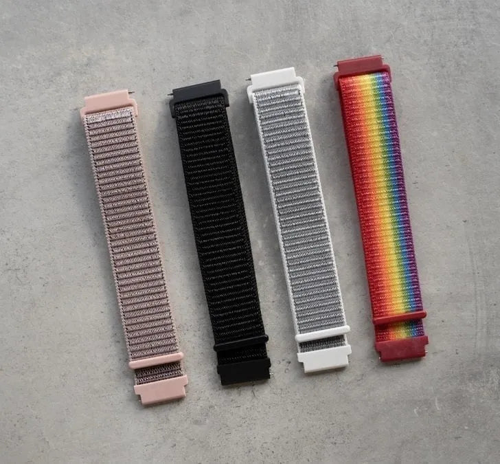 Nylon Strap, rainbow, laid flat, separate parts, direct top view