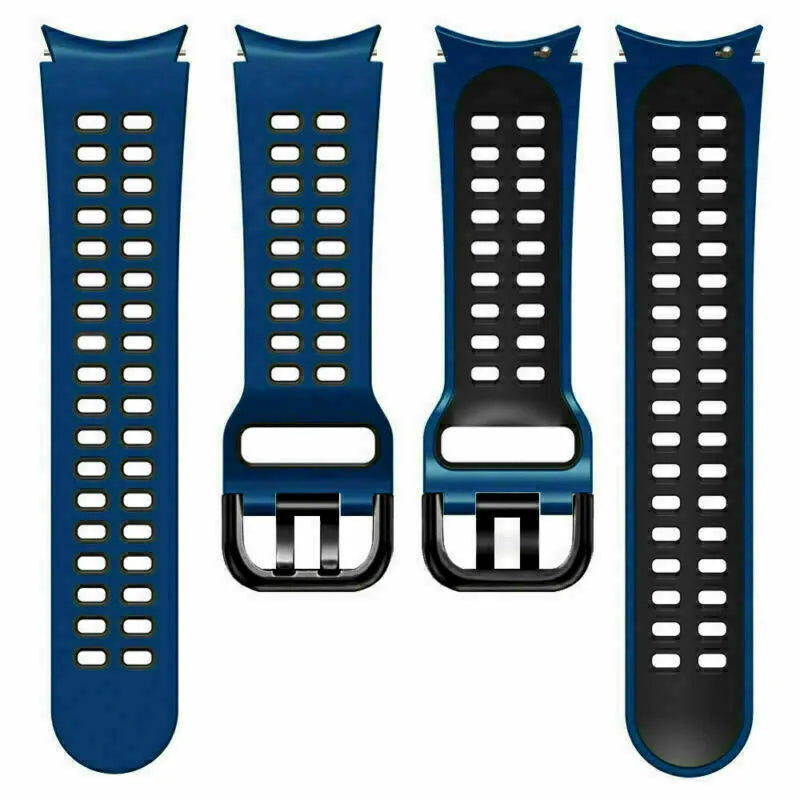 Silicone Squared Sport Strap, dark blue/black, laid flat, separate parts, direct top view