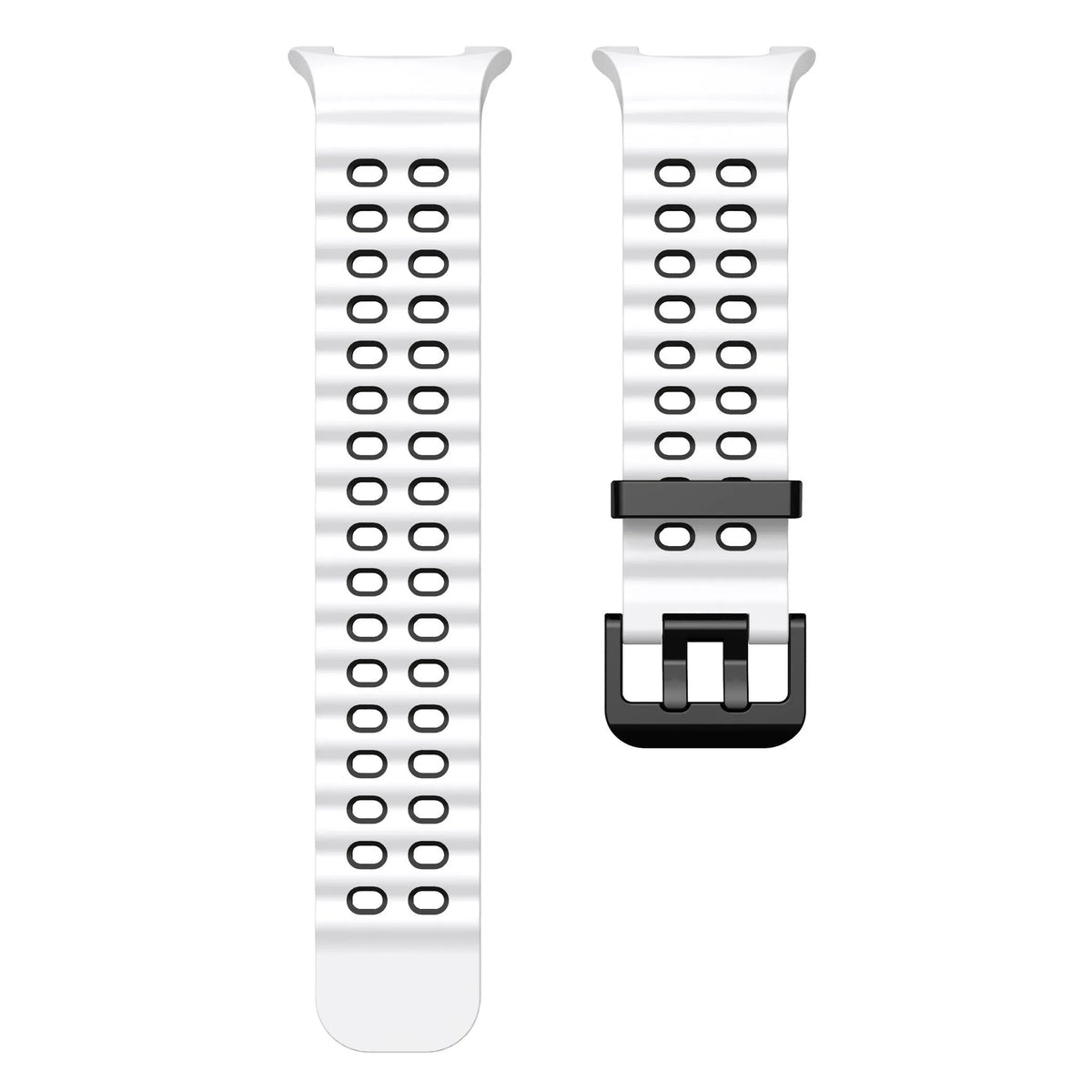 Silicone Ocean Strap, white/black, laid flat, separate parts, direct top view