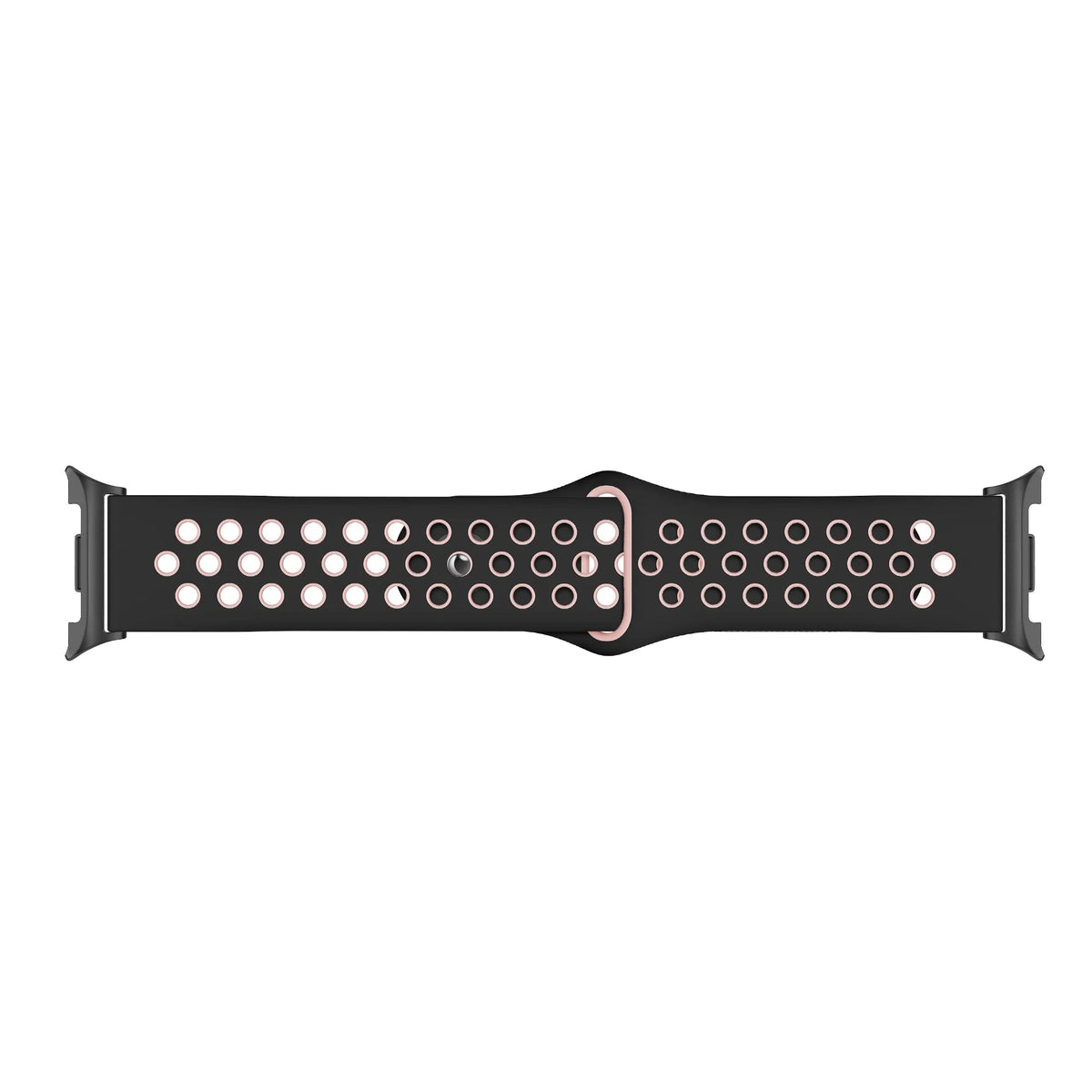 Silicone Sport Strap, black/pink, laid flat, joined, direct top view