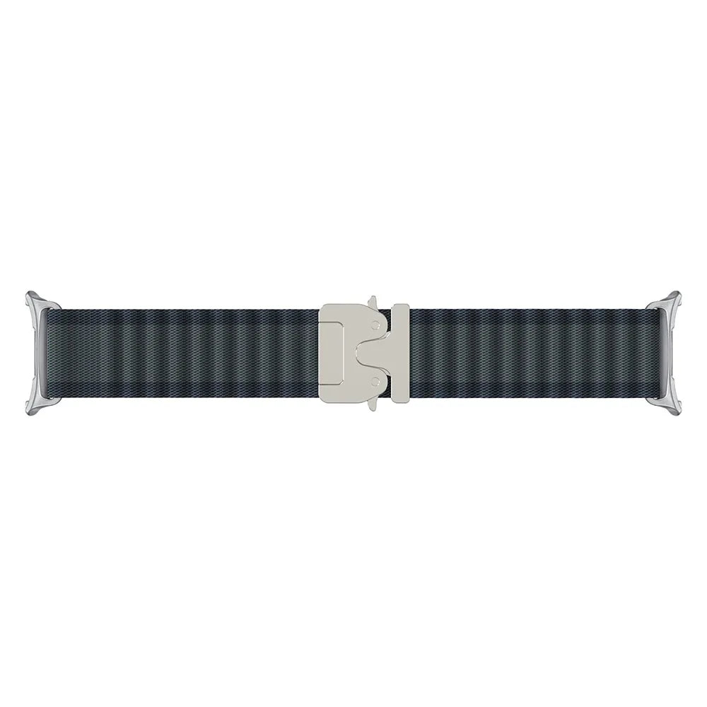 Outdoor Nylon Strap with P-Buckle, black with silver, laid flat, joined, direct top view