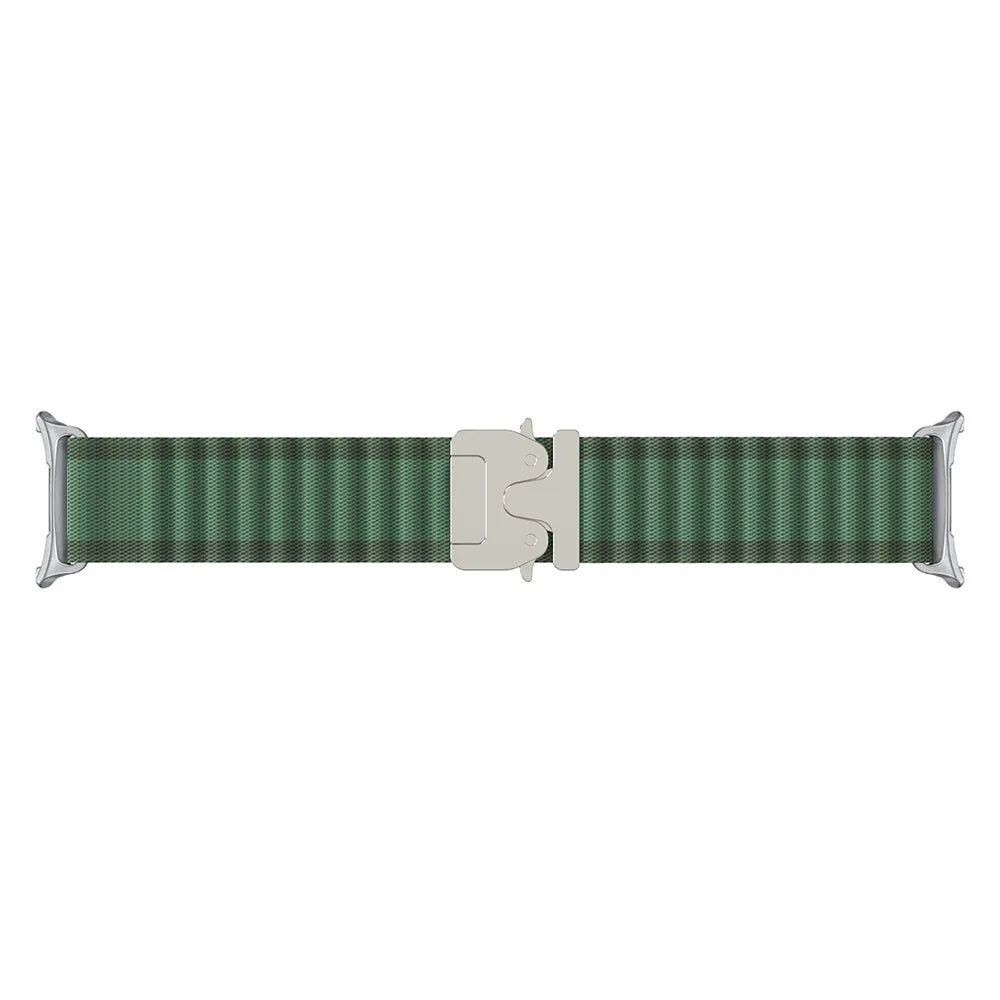 Outdoor Nylon Strap with P-Buckle, green with silver, laid flat, joined, direct top view