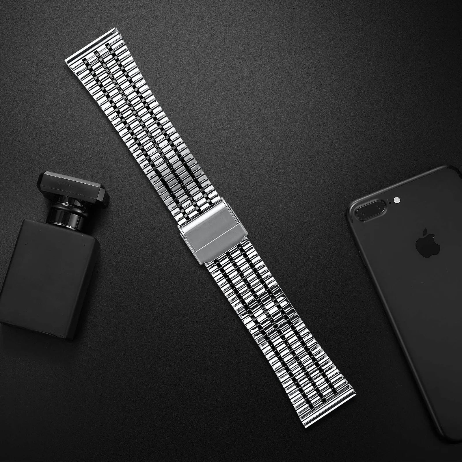 Fine Steel Strap, silver/black, laid flat, joined, direct top view