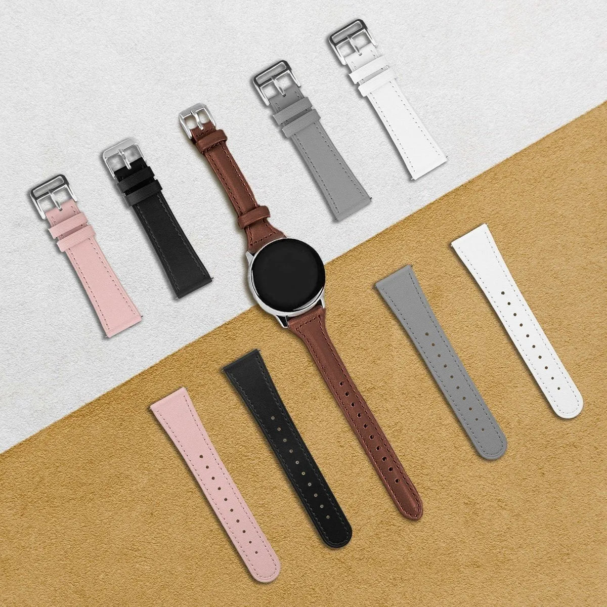 Modern Leather Strap, laid flat, separate parts, top and underside view