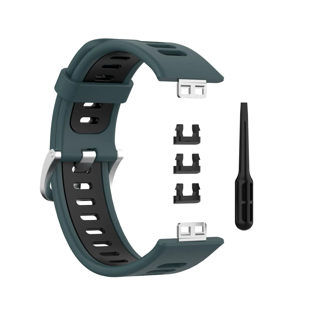 Silicone Sport Buckle Strap, laid flat, separate parts, top and underside view