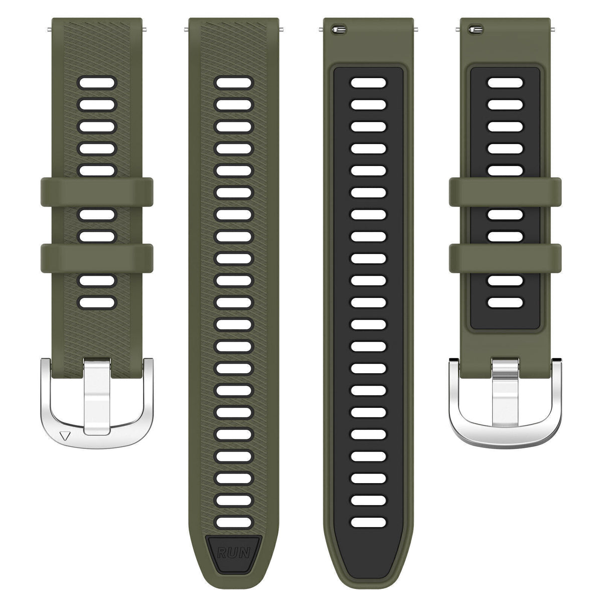 Silicone Buckled Sport Strap, laid flat, separate parts, top and underside view