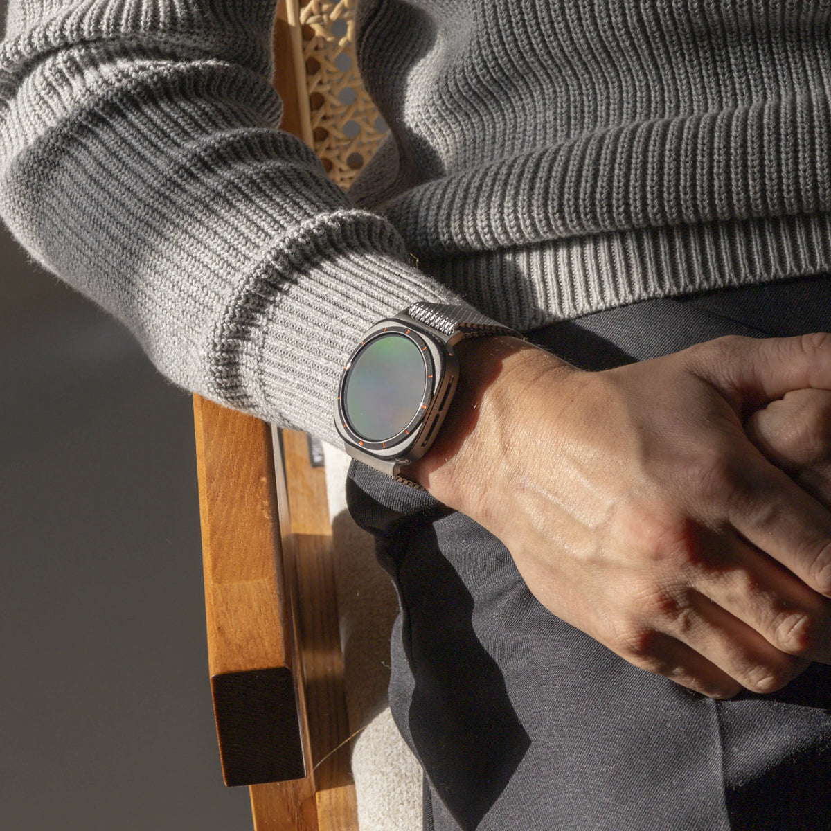 Modern Milanese Strap, titanium, lifestyle photo