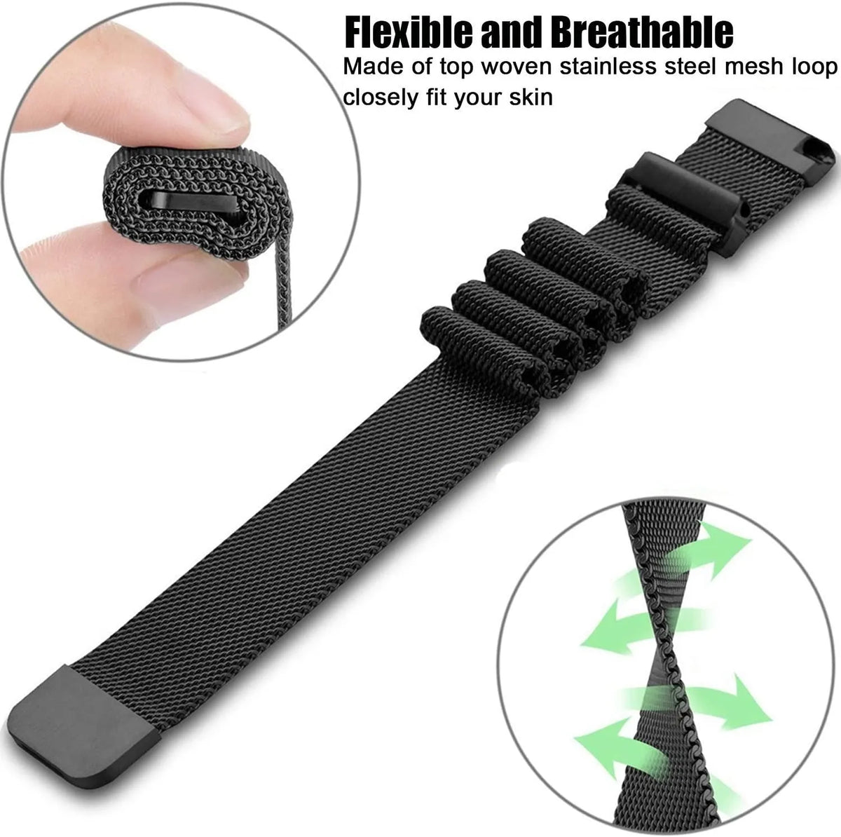 Milanese Strap, black, infographic (USP banner)