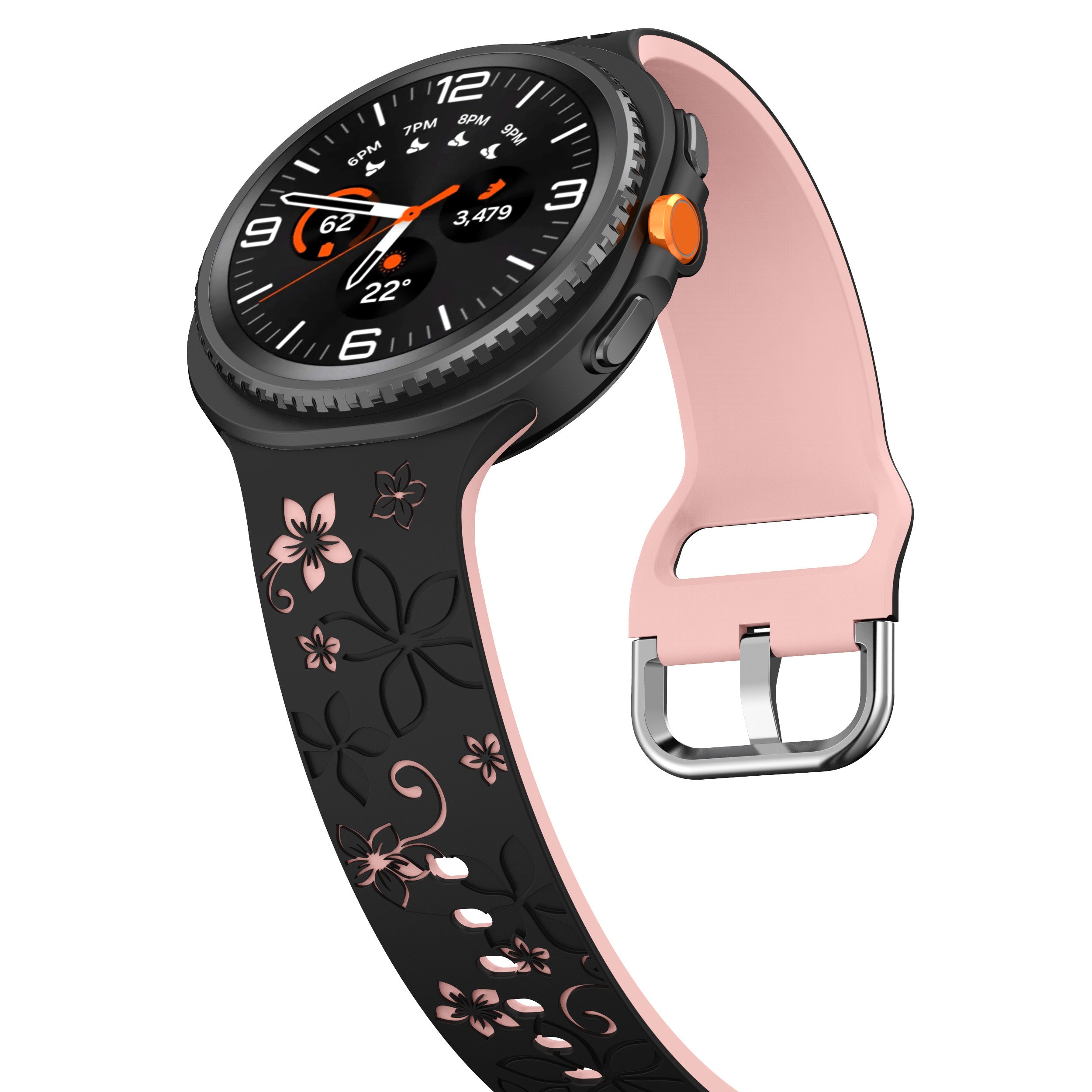 Samsung Galaxy Watch 8 Classic Silikonarmband mit Blumenmuster (Schwarz/Rosa)