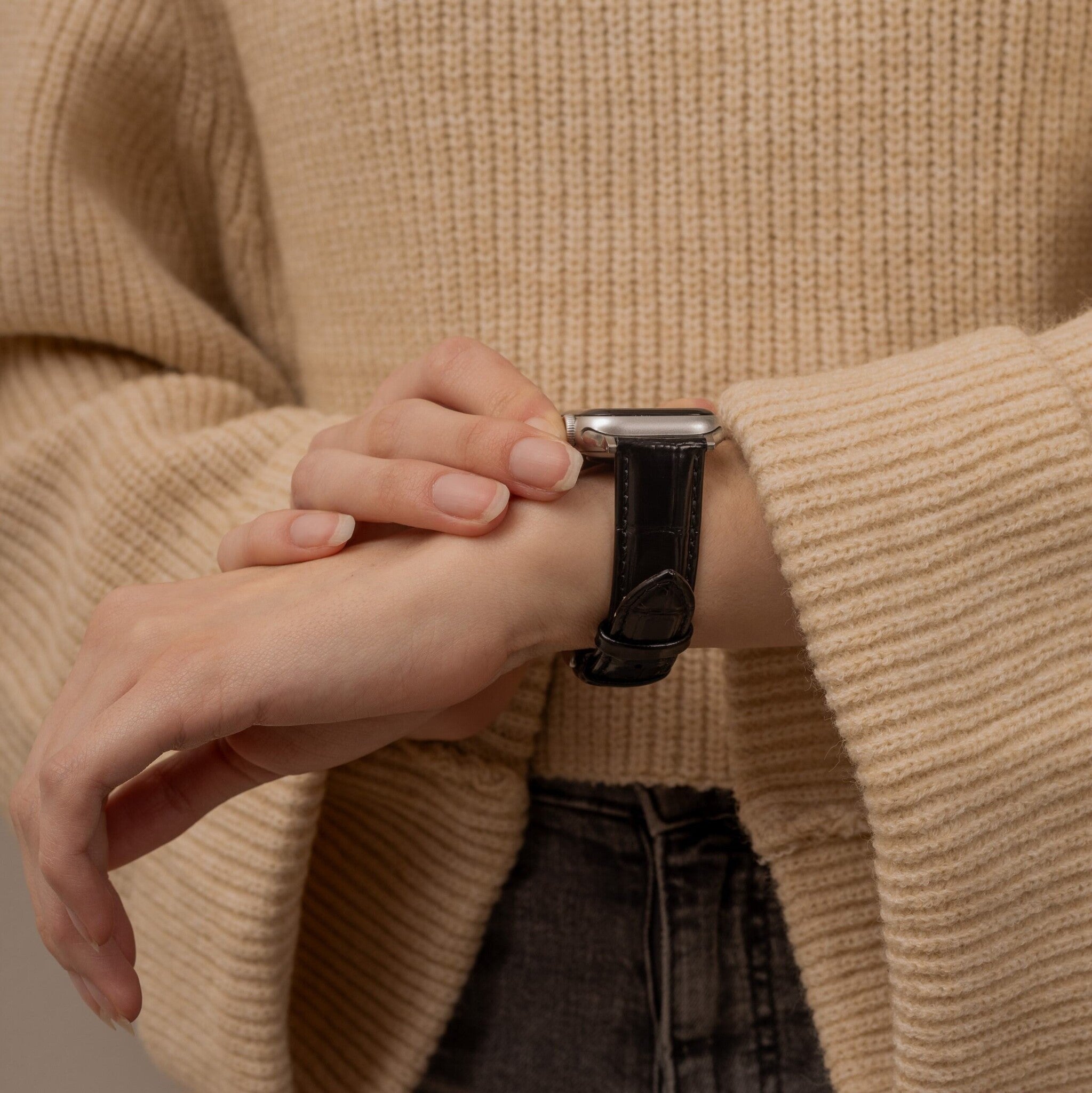 Apple Watch Lederarmband mit Krokoprägung (Schwarz)