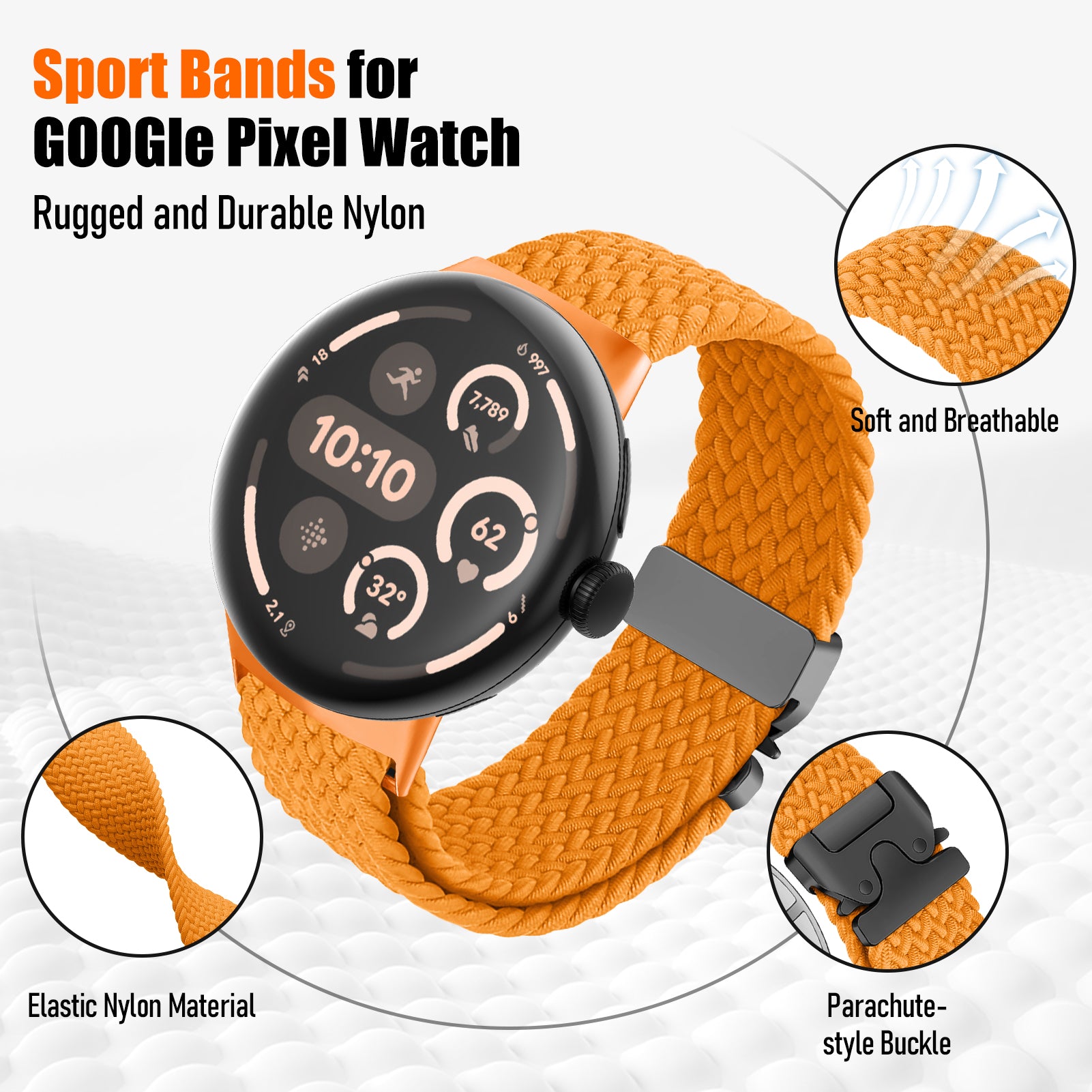 Google Pixel Watch 3 - 45mm Geflochtenes Armband mit P-Schnalle (Orange)
