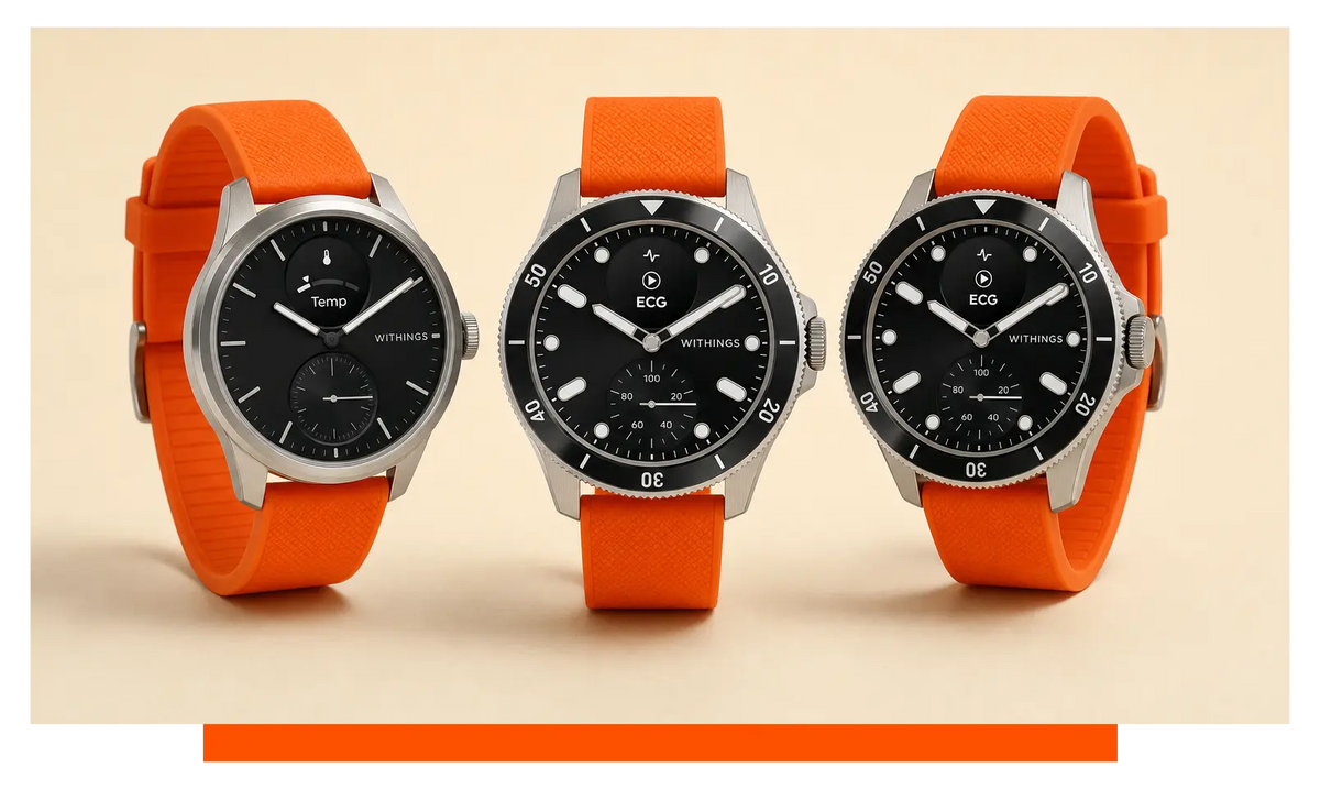 Three smartwatches shown side by side, floating in the studio - Garmin Vivomove and Withings Scanwatch 2 and Withings Scanwatch Nova