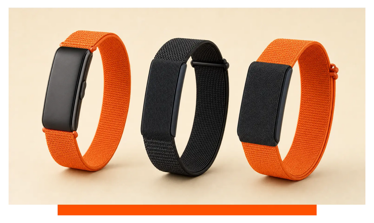 Three smartwatches shown side by side, floating in the studio - Garmin Cirqa and Fitbit Air and Amazfit Helio Strap