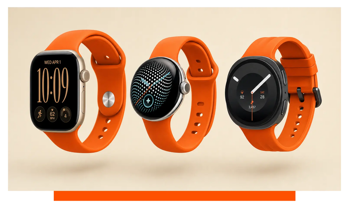 Three smartwatches shown side by side, floating in the studio - Apple Watch Series 12 and Google Pixel Watch 5 and Samsung Galaxy Watch 9