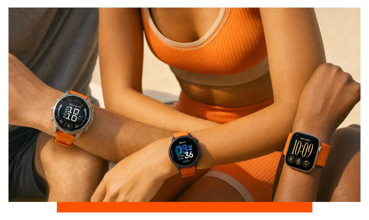 Three smartwatches worn on separate wrists, worn, mid-workout - Garmin Fenix 9 and Coros Pace 4 and Apple Watch Series 12