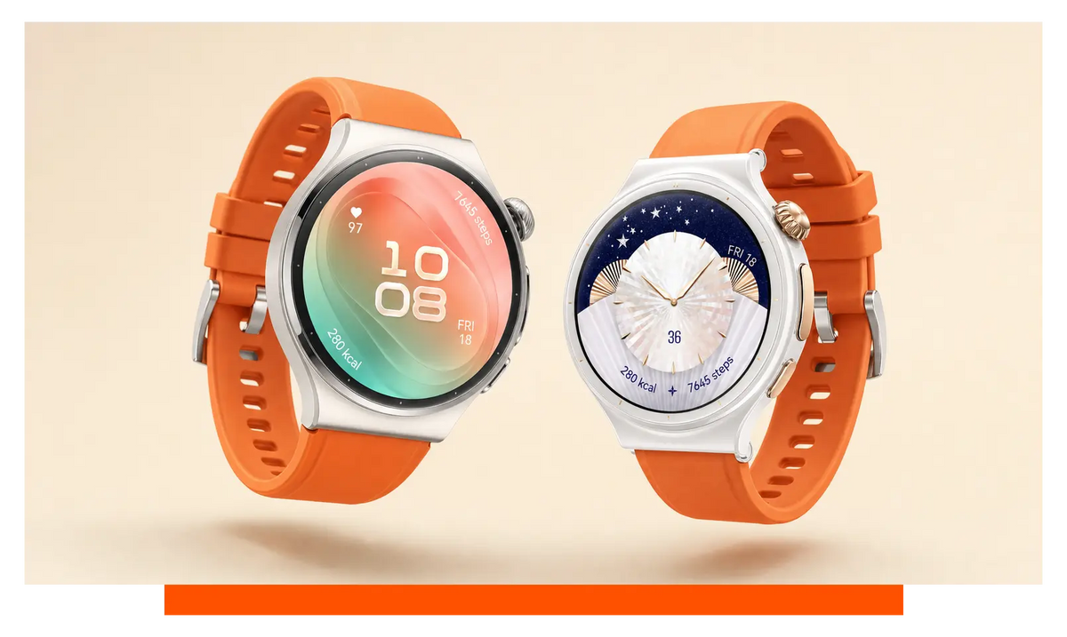 Two smartwatches shown side by side, floating in the studio - Huawei Watch 6 and Huawei Watch 6 Pro