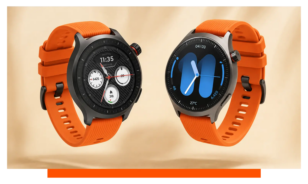 Two smartwatches shown side by side, floating in the studio - Motorola Moto Watch and Motorola Moto Watch Ultra