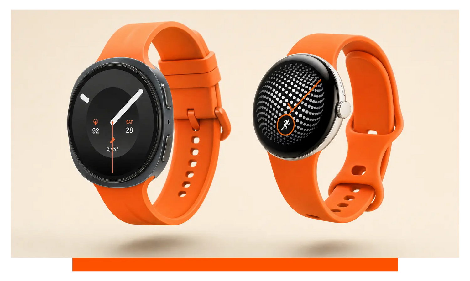 Two smartwatches shown side by side, floating in the studio - Samsung Galaxy Watch 9 and Google Pixel Watch 5