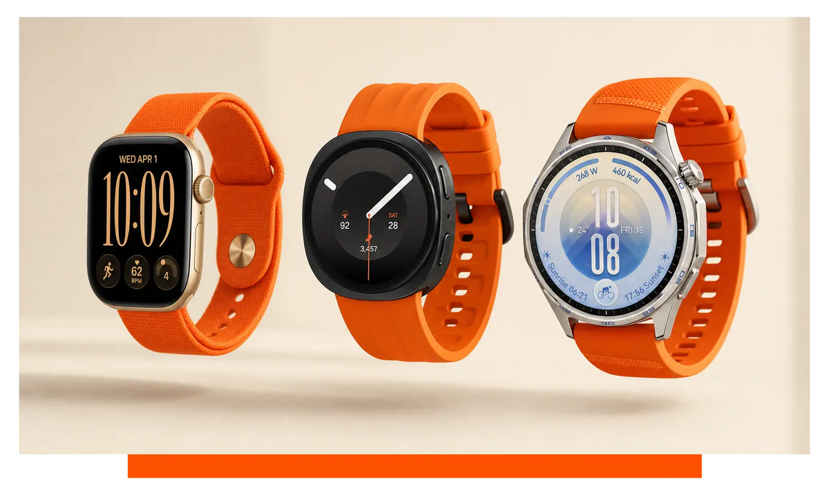 Three smartwatches shown side by side, floating in the studio - Apple Watch Series 12 and Samsung Galaxy Watch 9 and Huawei Watch GT 7