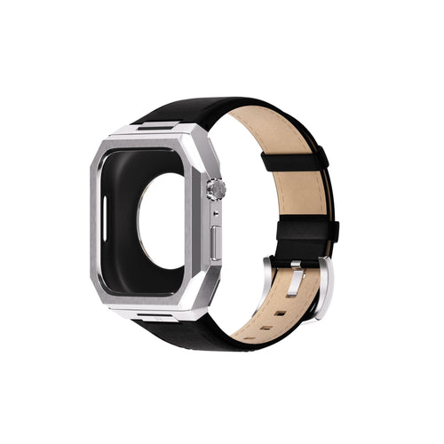 Reqior Apple Watch 45mm Metal Hülle mit integriertem Lederarmband (Silber/Schwarz)