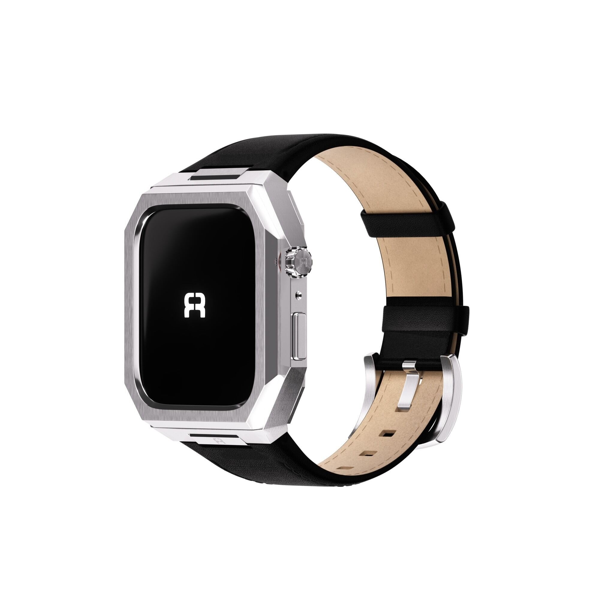 Reqior Apple Watch 45mm Metal Hülle mit integriertem Lederarmband (Silber/Schwarz)