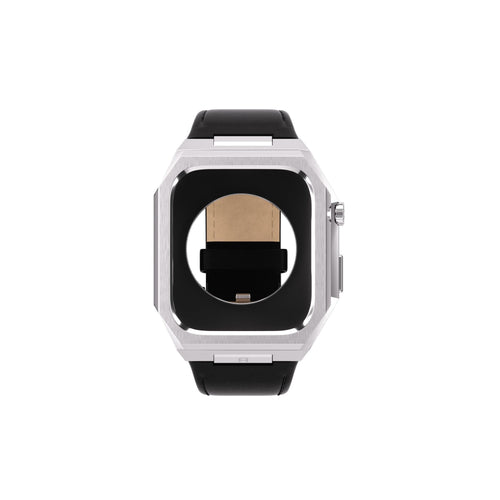 Reqior Apple Watch 45mm Metal Hülle mit integriertem Lederarmband (Silber/Schwarz)