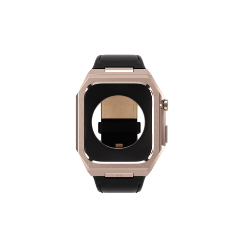 Reqior Apple Watch 45mm Metal Hülle mit integriertem Lederarmband (Roségold/Schwarz)