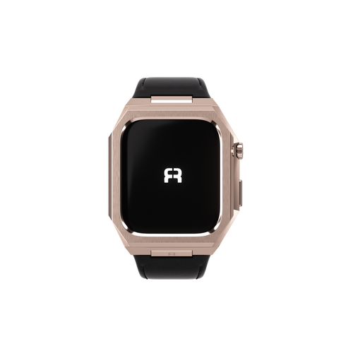 Reqior Apple Watch 45mm Metal Hülle mit integriertem Lederarmband (Roségold/Schwarz)