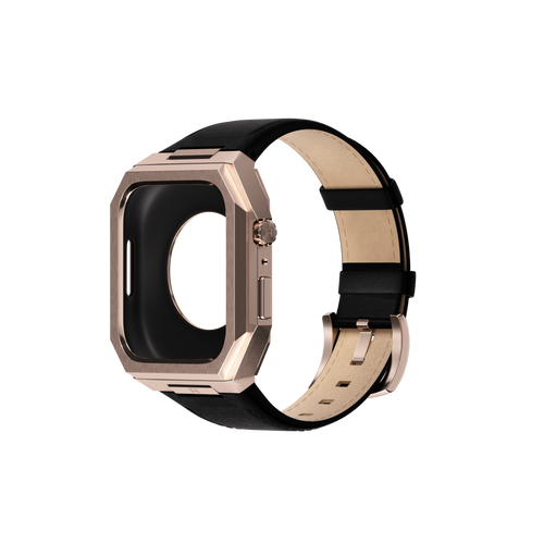 Reqior Apple Watch 45mm Metal Hülle mit integriertem Lederarmband (Roségold/Schwarz)