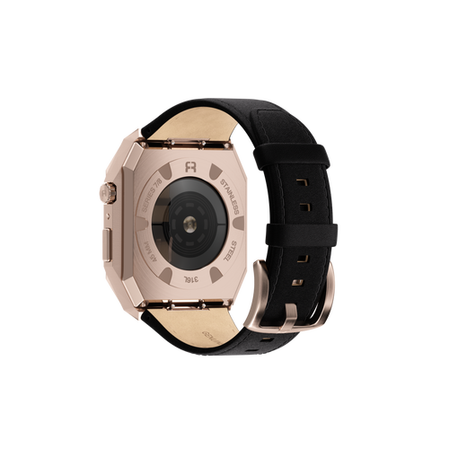 Reqior Apple Watch 45mm Metal Hülle mit integriertem Lederarmband (Roségold/Schwarz)