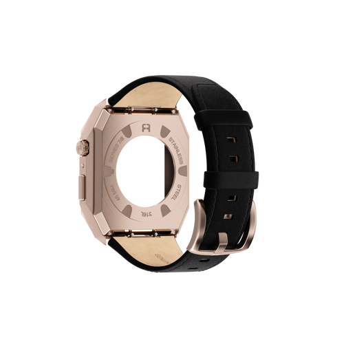 Reqior Apple Watch 45mm Metal Hülle mit integriertem Lederarmband (Roségold/Schwarz)