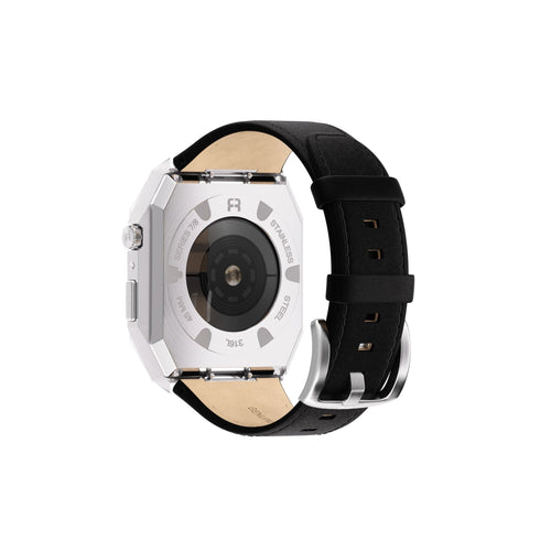 Reqior Apple Watch 45mm Metal Hülle mit integriertem Lederarmband (Silber/Schwarz)