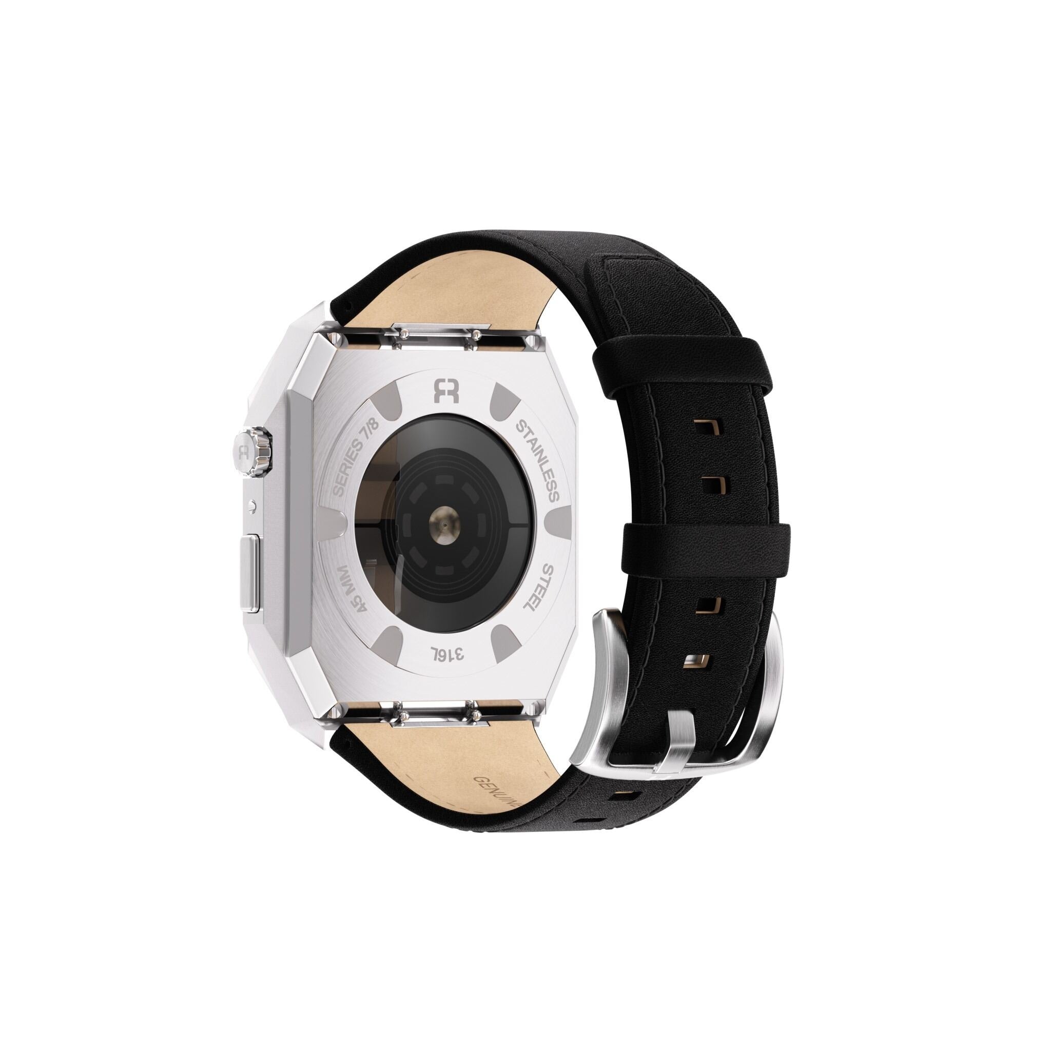 Reqior Apple Watch 45mm Metal Case with Leather Strap (Silver/Black)