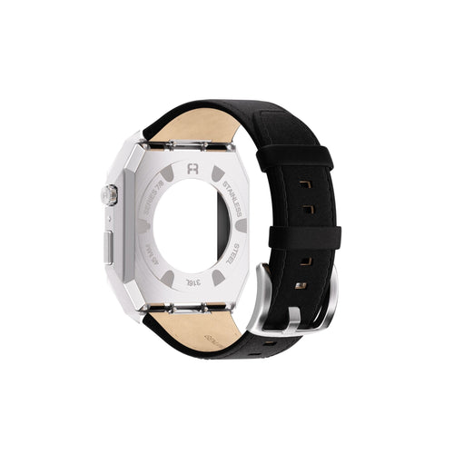Reqior Apple Watch 45mm Metal Hülle mit integriertem Lederarmband (Silber/Schwarz)