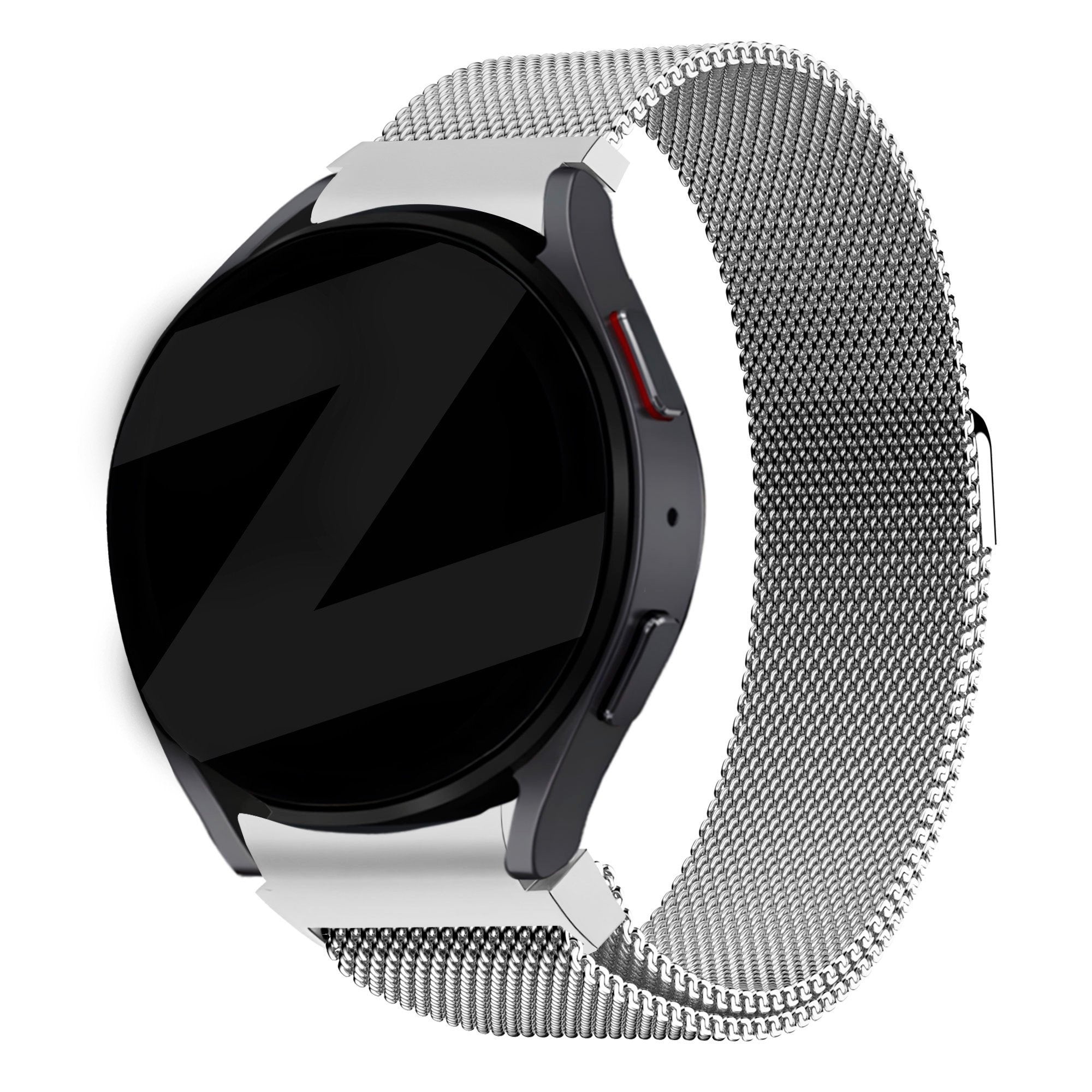 Milanese Loop Strap, silver, on a watch, 3/4 front view