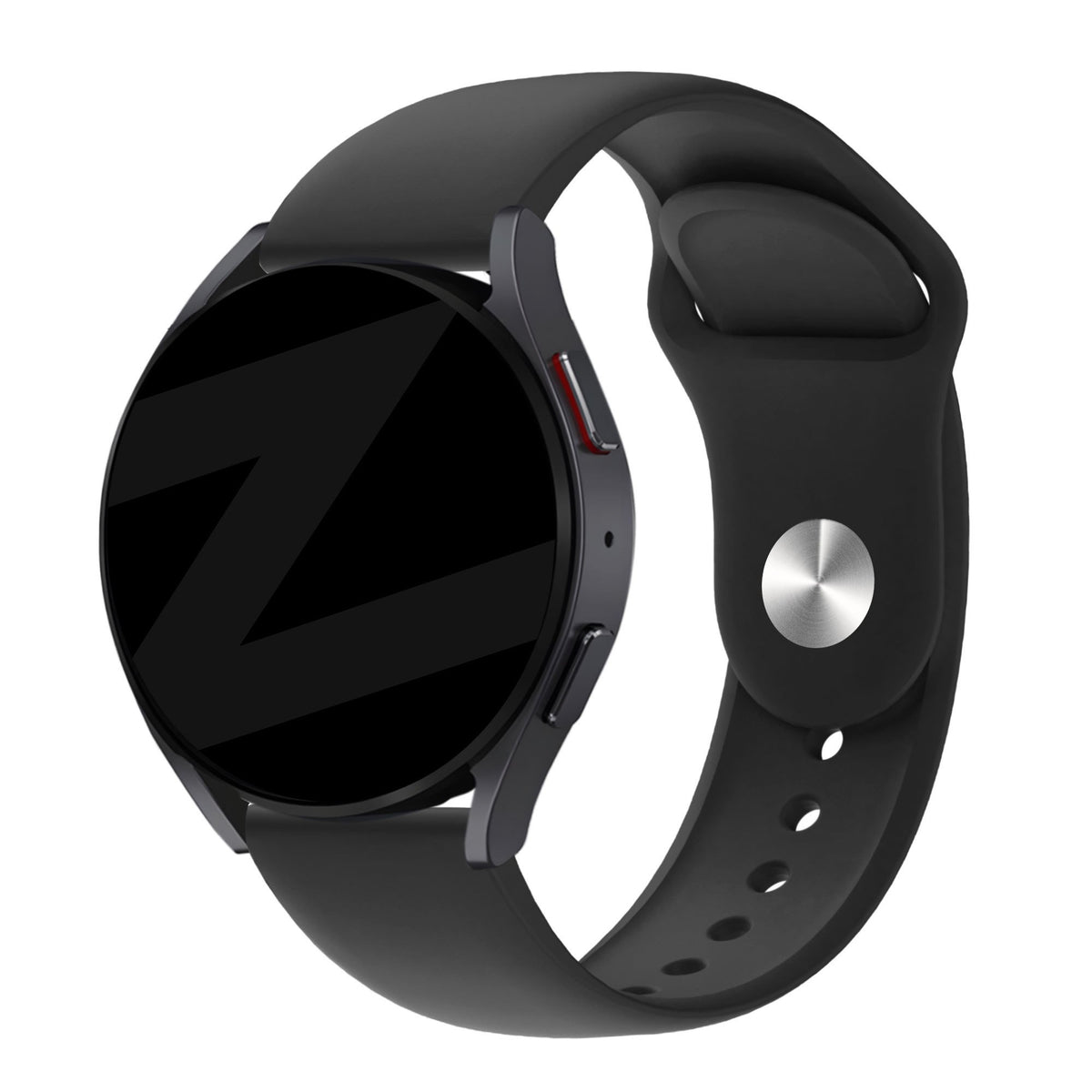 Silicone Sport Strap 'Deluxe', black, on a watch, 3/4 front view