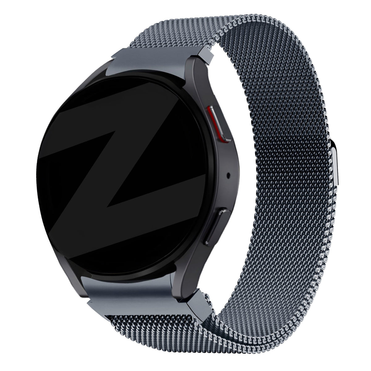 Milanese Loop Strap, grey, on a watch, 3/4 front view