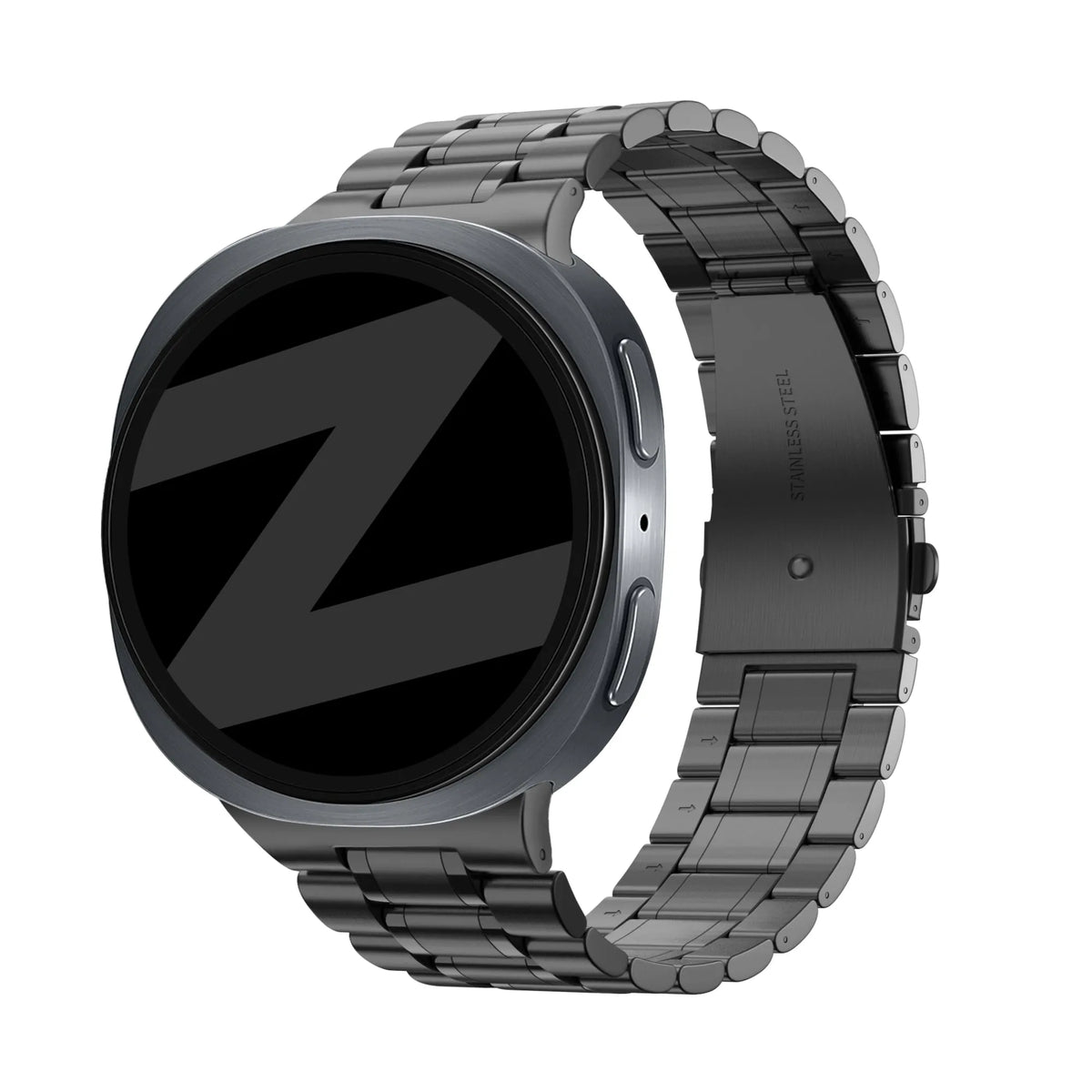 Steel Strap 'Deluxe', black, on a watch, 3/4 front view