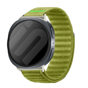 Wave Nylon Strap, field green, on a watch, 3/4 front view
