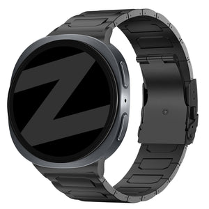 Titanium Strap 'Deluxe', black, on a watch, 3/4 front view